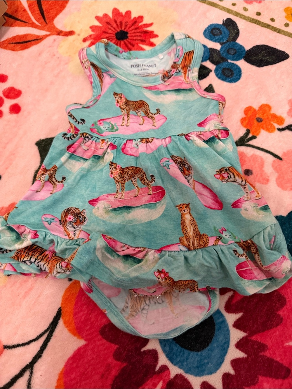 Posh Peanut Aqua Surfing Big Cat Ruffle Dress Bodysuit